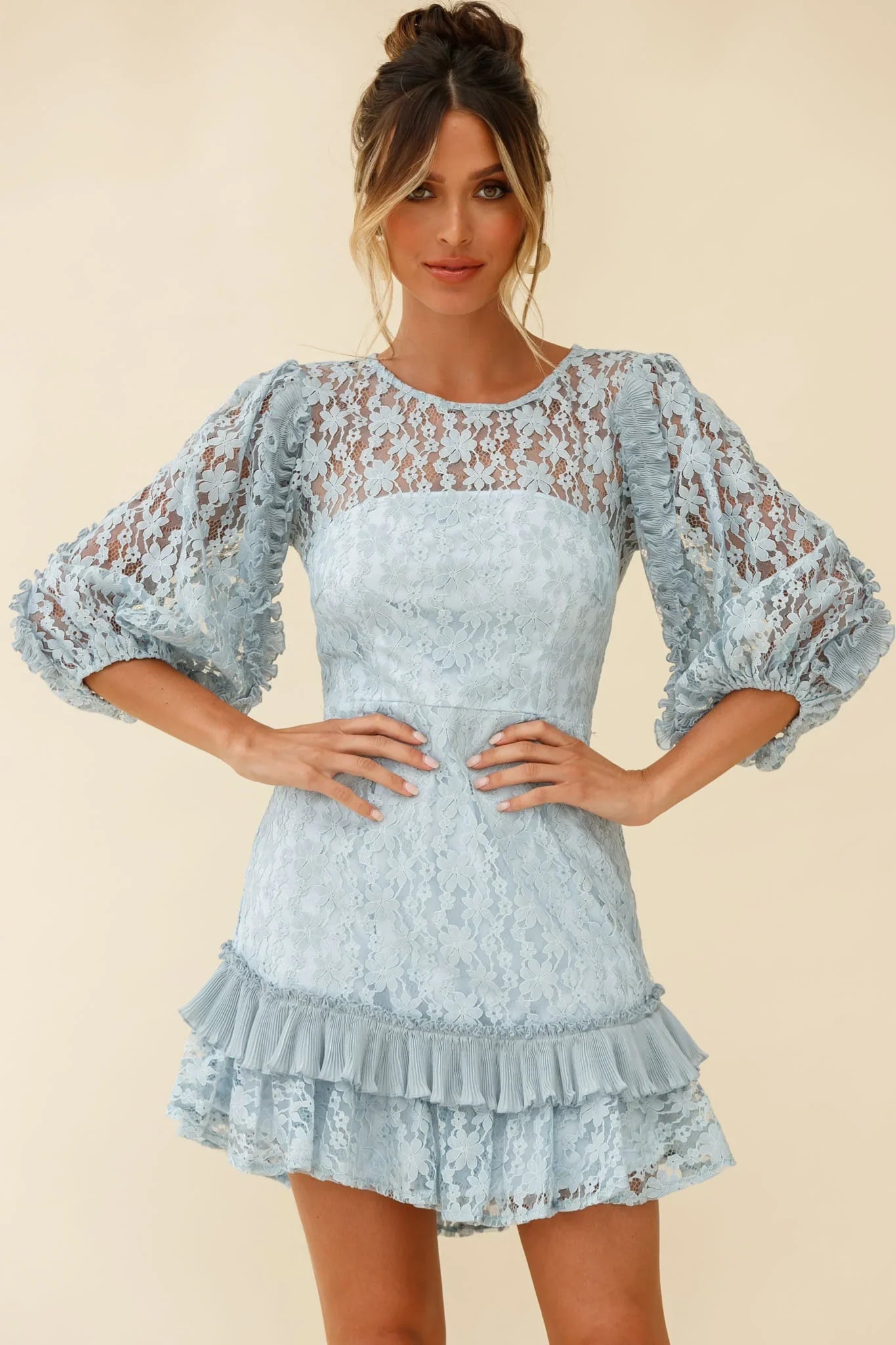 Home Again Three-Quarter Sleeve Lace Dress Blue