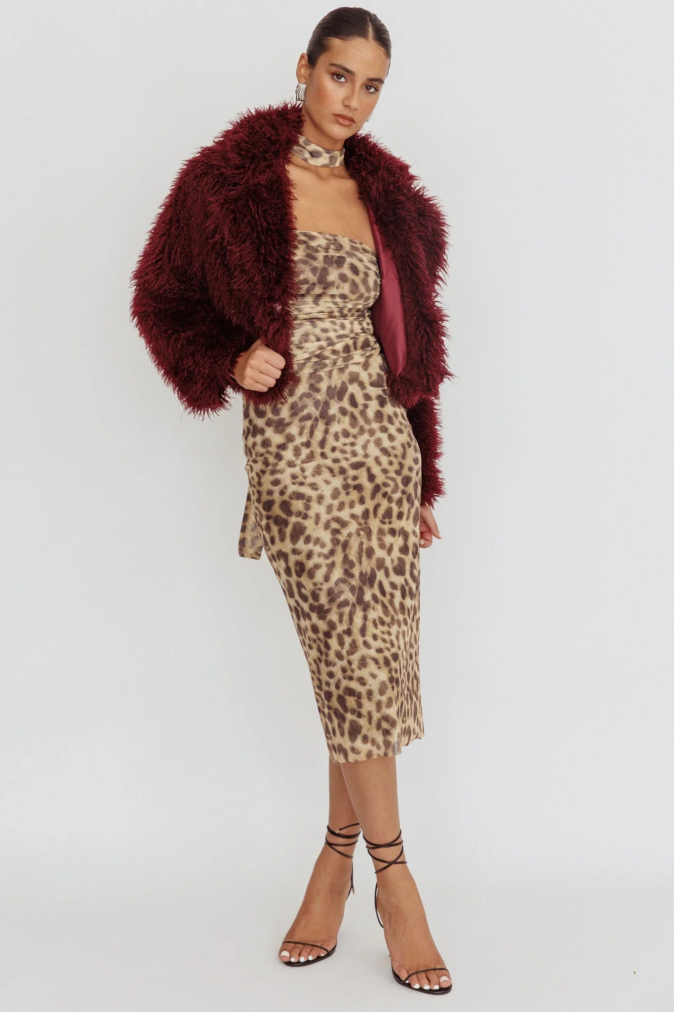 Aland Fuzzy Faux Fur Jacket Wine