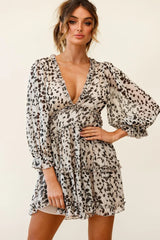 Laney Cutout Back Balloon Sleeve Dress Leaf Print Beige