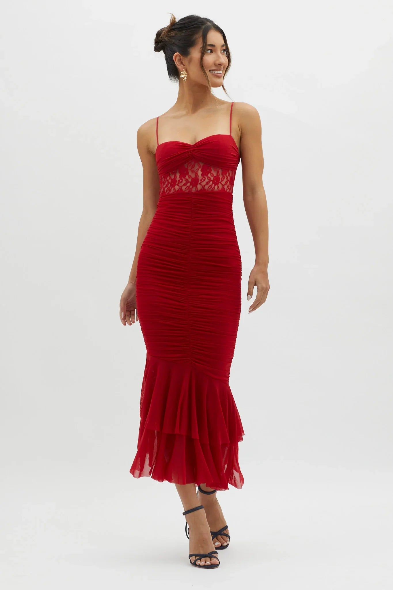 Cherubim Lace Insert Ruched Midi Dress Red