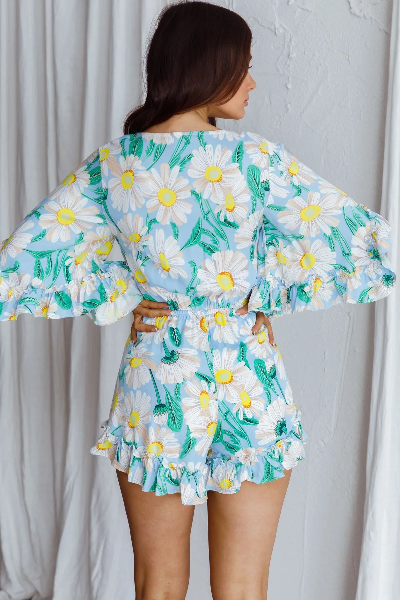 Athira Tied Bust Flared Sleeve Romper Daisy Blue