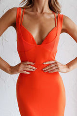 Charice Mesh Bodice Overlay Midi Dress Orange