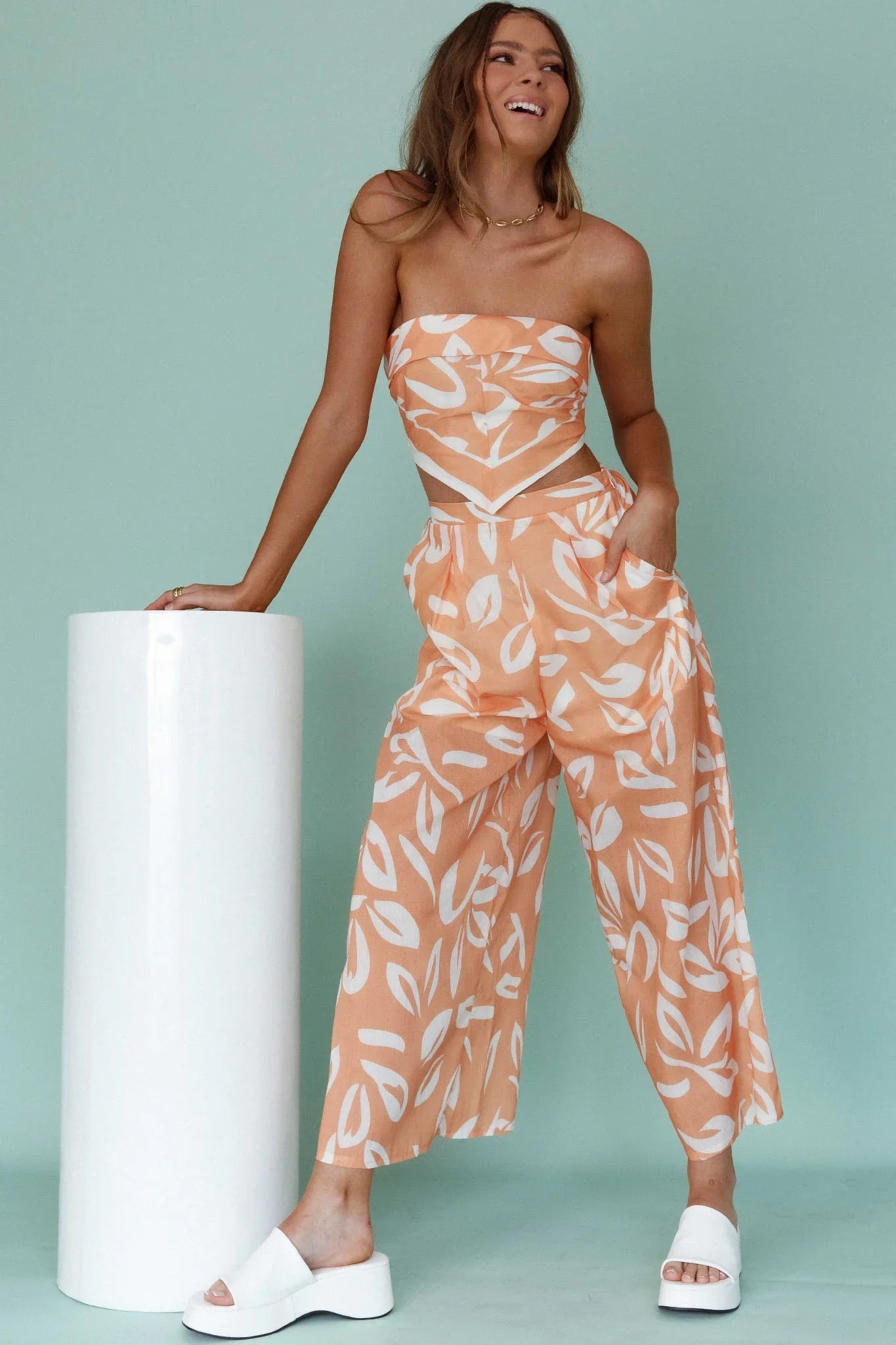Randi Tie-Back Top Leaf Print Mango