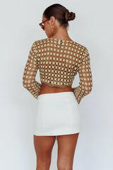 Maycie Long Sleeve Crochet Crop Top Taupe Multi