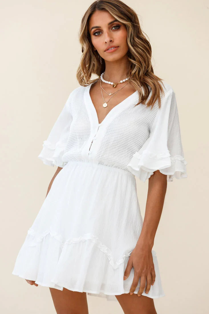 Play It Again Bust Placket Mesh Detail Dress White