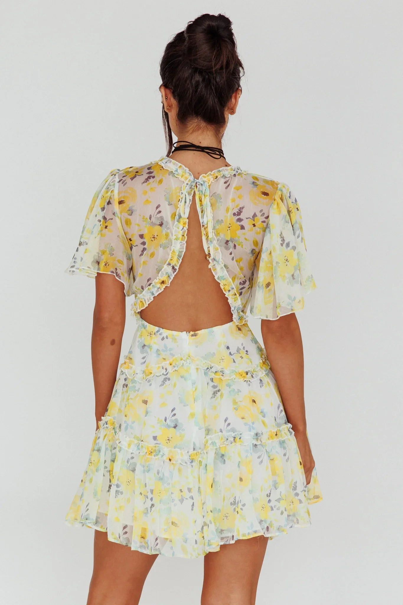 Tres Chic Flutter Sleeve Cut-Out Dress Floral Yellow