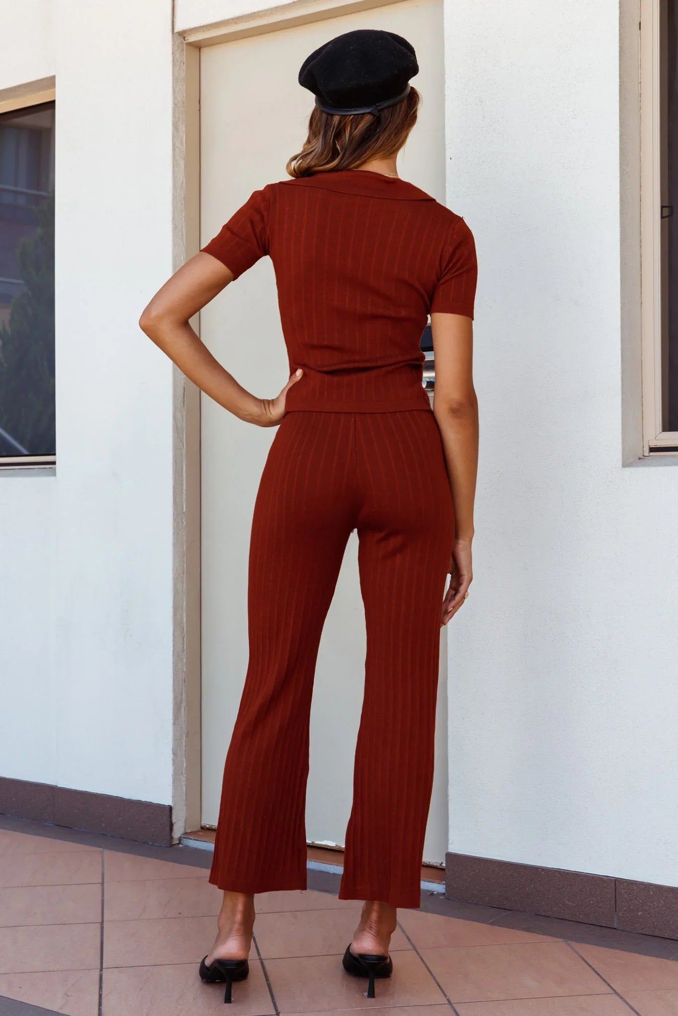 Tori Three-Button Collared Knit Top Mocha