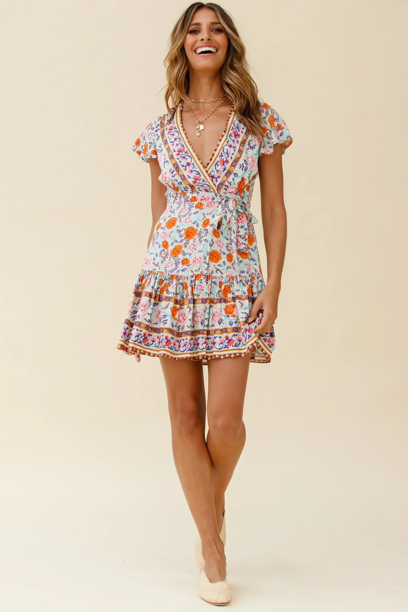 Mayan Angel Sleeve Waist Tie Wrap Dress Floral Print Mint/Pink