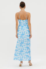 Serif Ruffle Trim Split Maxi Dress Blue