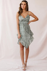 Kindred Ruffle-Trimmed V-Shaped Hem Dress Weave Print Olive