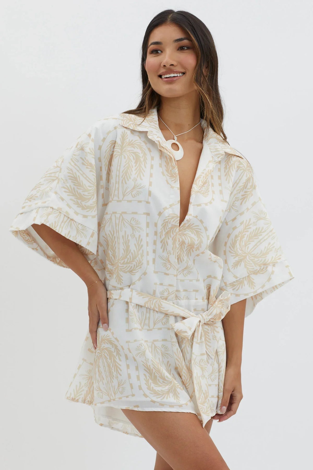 Daytona Beach Button-Up Romper Print Beige