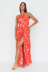 Athena High Split Maxi Dress Floral Print Red