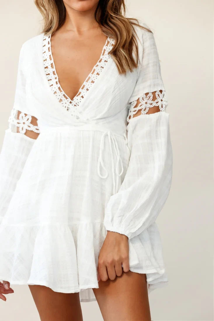Chloye Long Balloon Sleeve Lace-Up Back Dress White