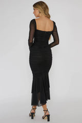 Nadia Long Sleeve Fishtail Midi Dress Black