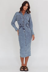 Light Inside Long Sleeve Midi Dress Denim Blue
