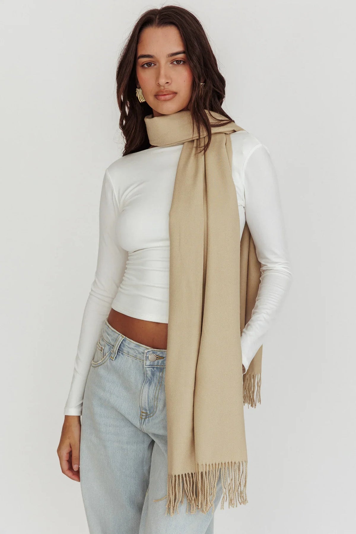 Diona Cashmere and Wool Fringed Scarf Beige