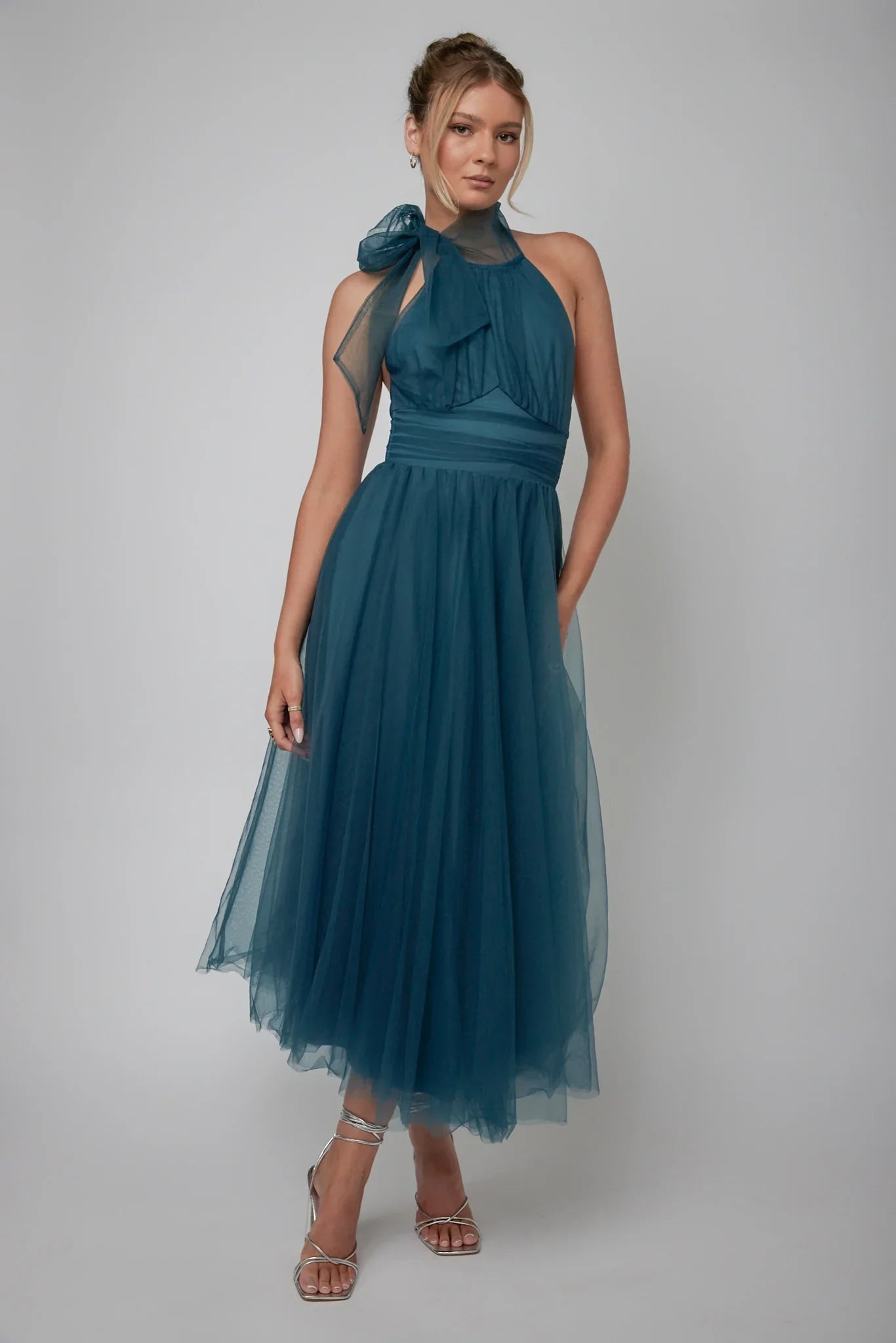 Andria Halterneck Tulle Midi Dress Teal