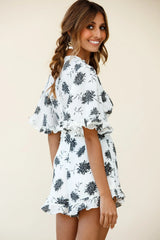 Wild Heart Bell Sleeve Wrap Romper Floral Print White