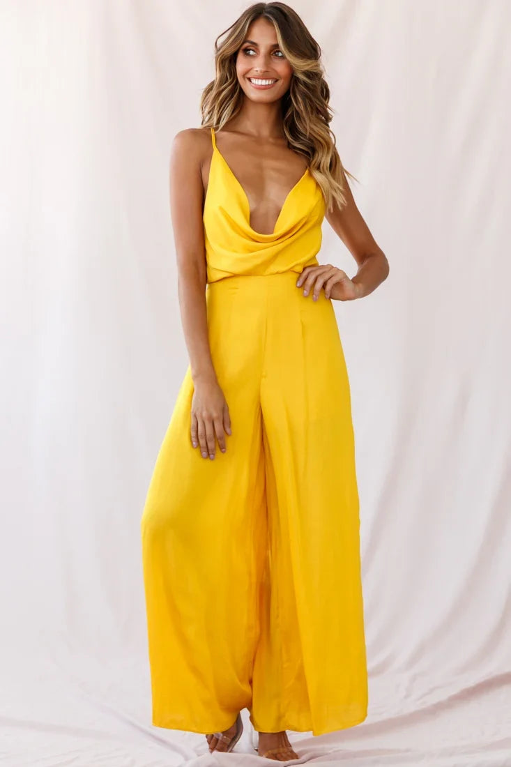 Jaclyn Wide-Leg Cowl Neck Jumpsuit Mustard