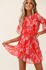 Azealia Ruffle Hem Dress Floral Spring Print Red