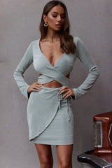 Elle Long Sleeve Crossover Mini Dress Sage