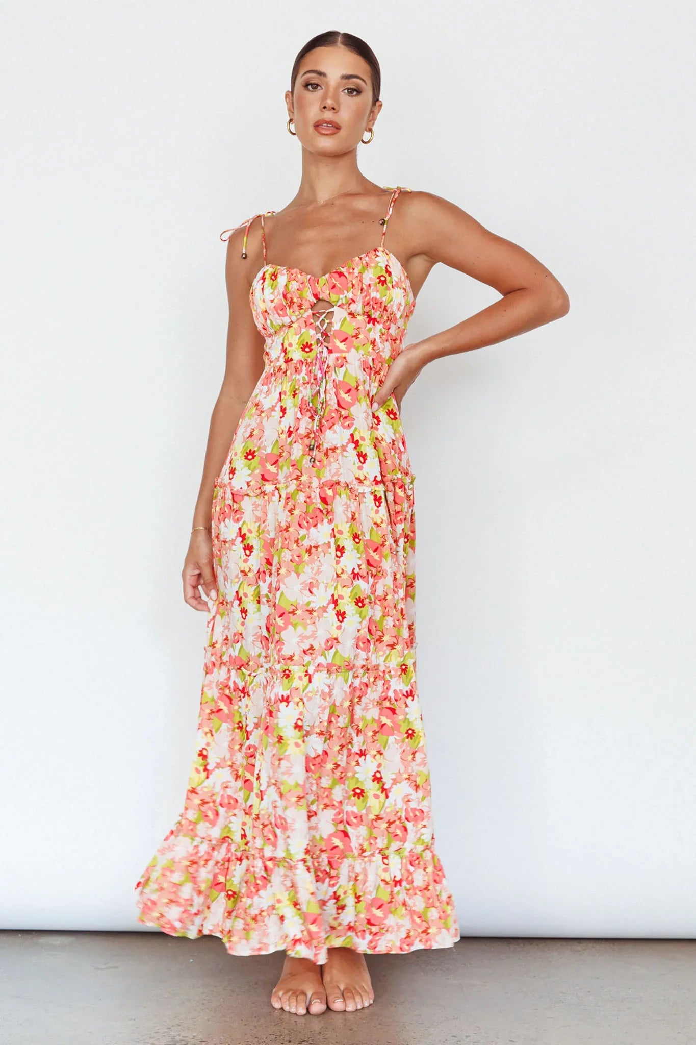 Kinlee Lace-Up Bodice Maxi Dress Floral Pink