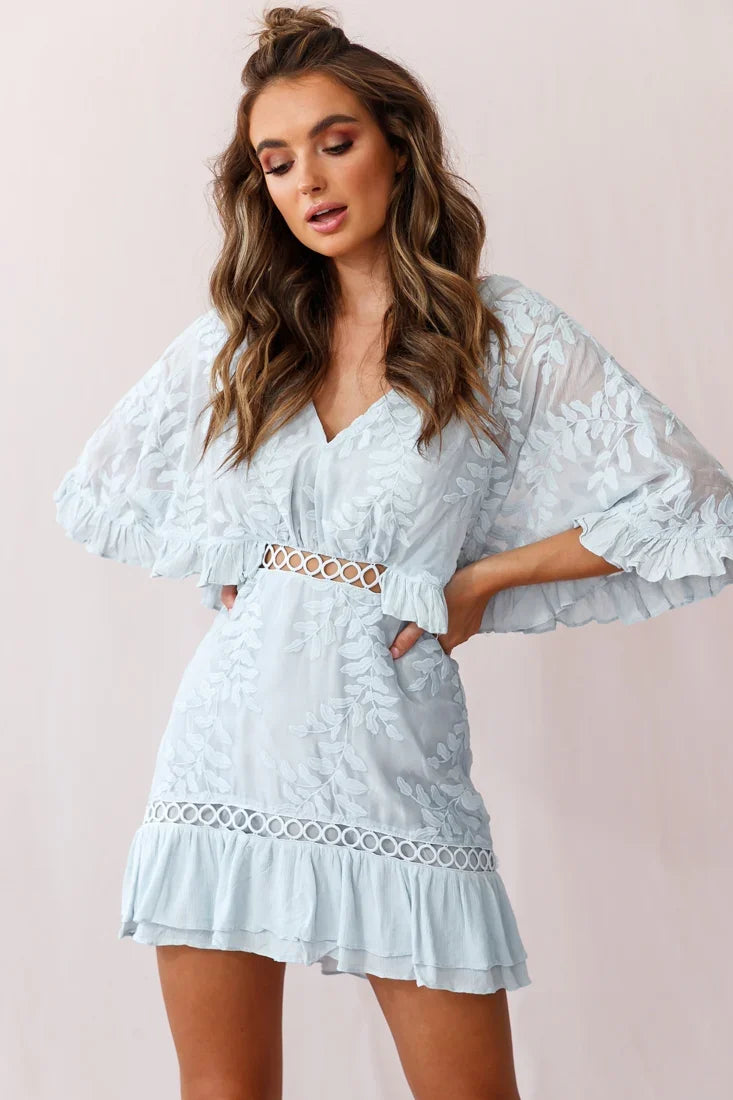 Caspar Leafy Embroidered Dress Baby Blue