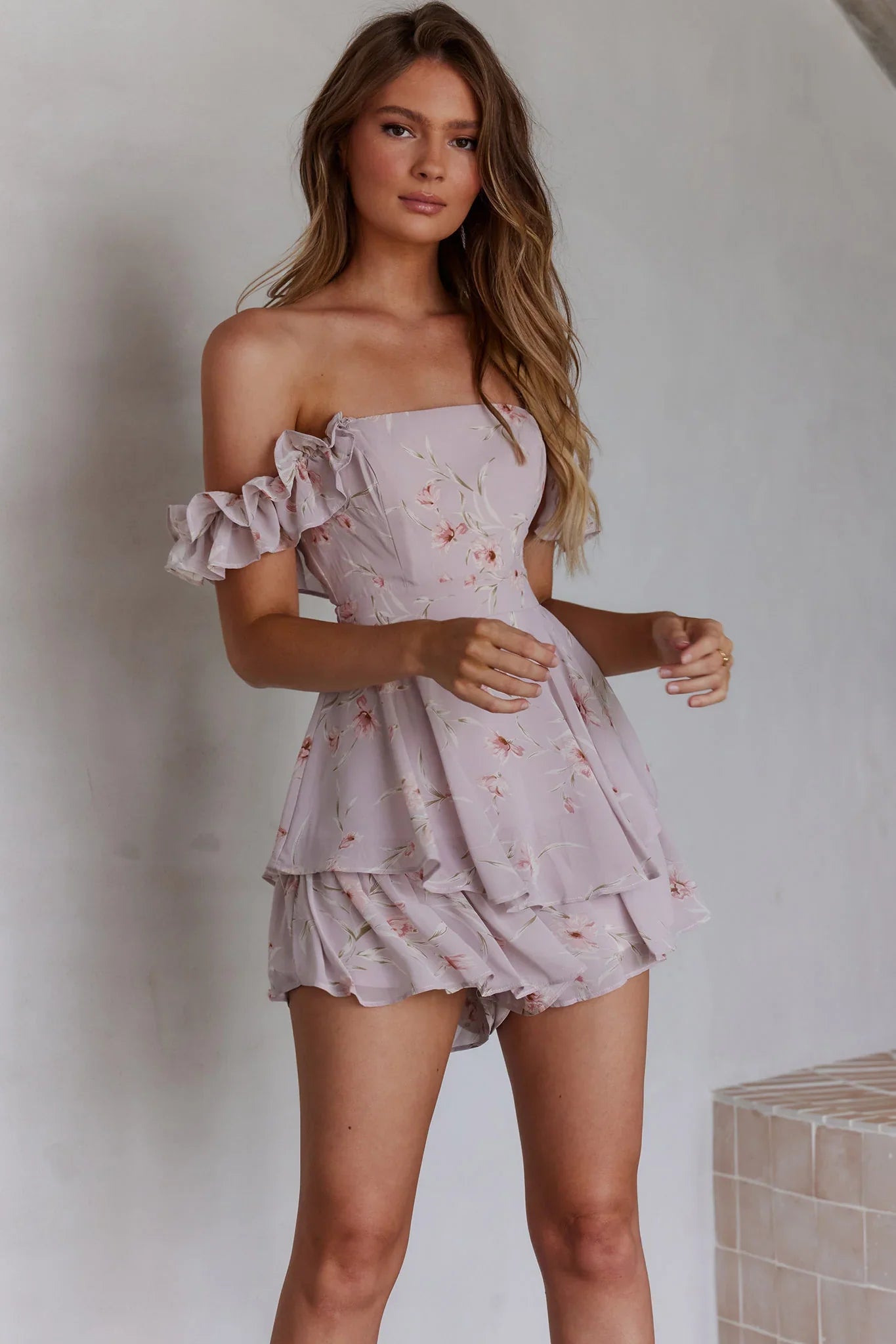 Verona Off-Shoulder Romper Floral Print Pink