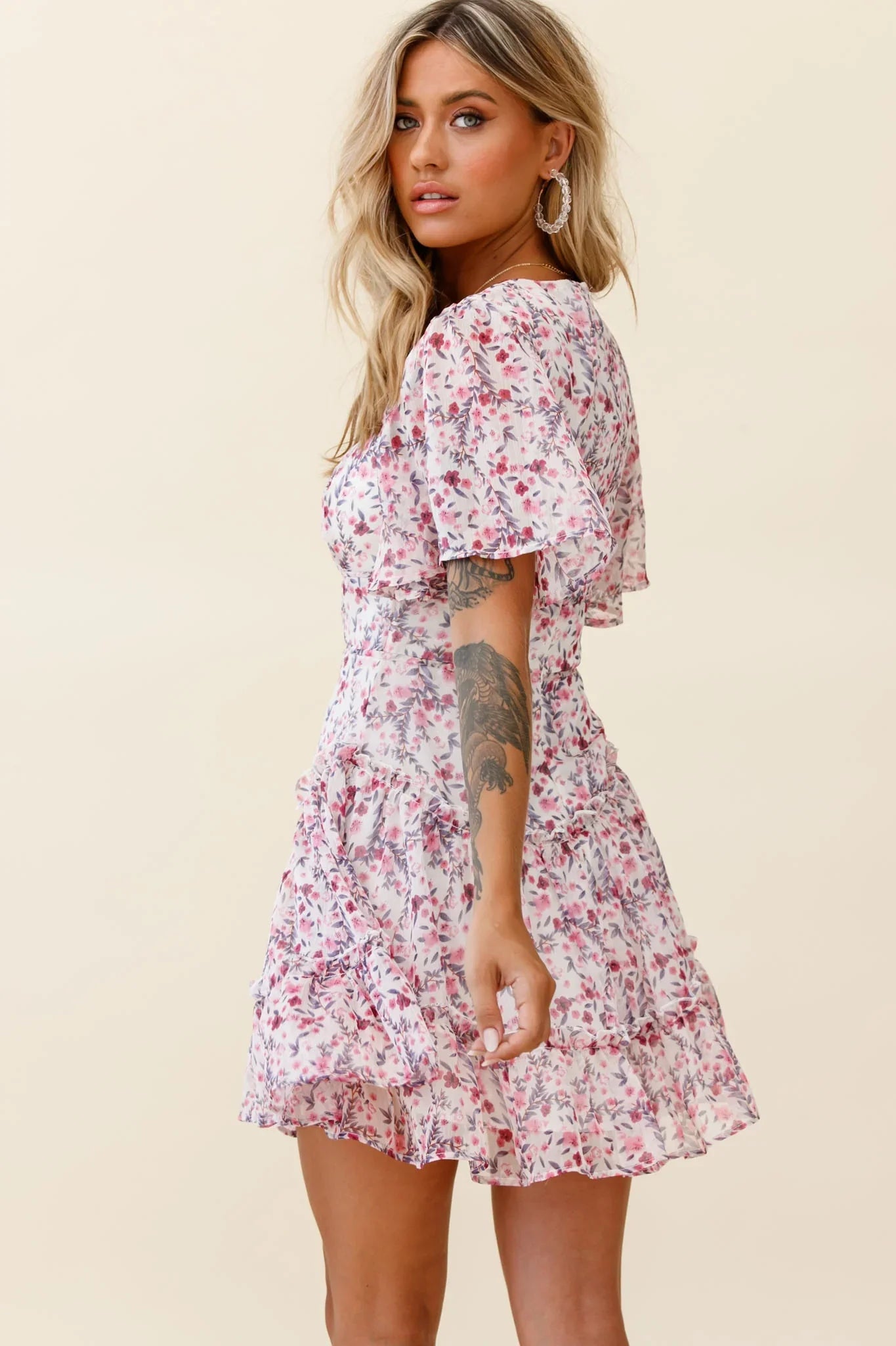 Stolen Moments Angel Sleeve Ruffle Dress Floral Print Pink Multi