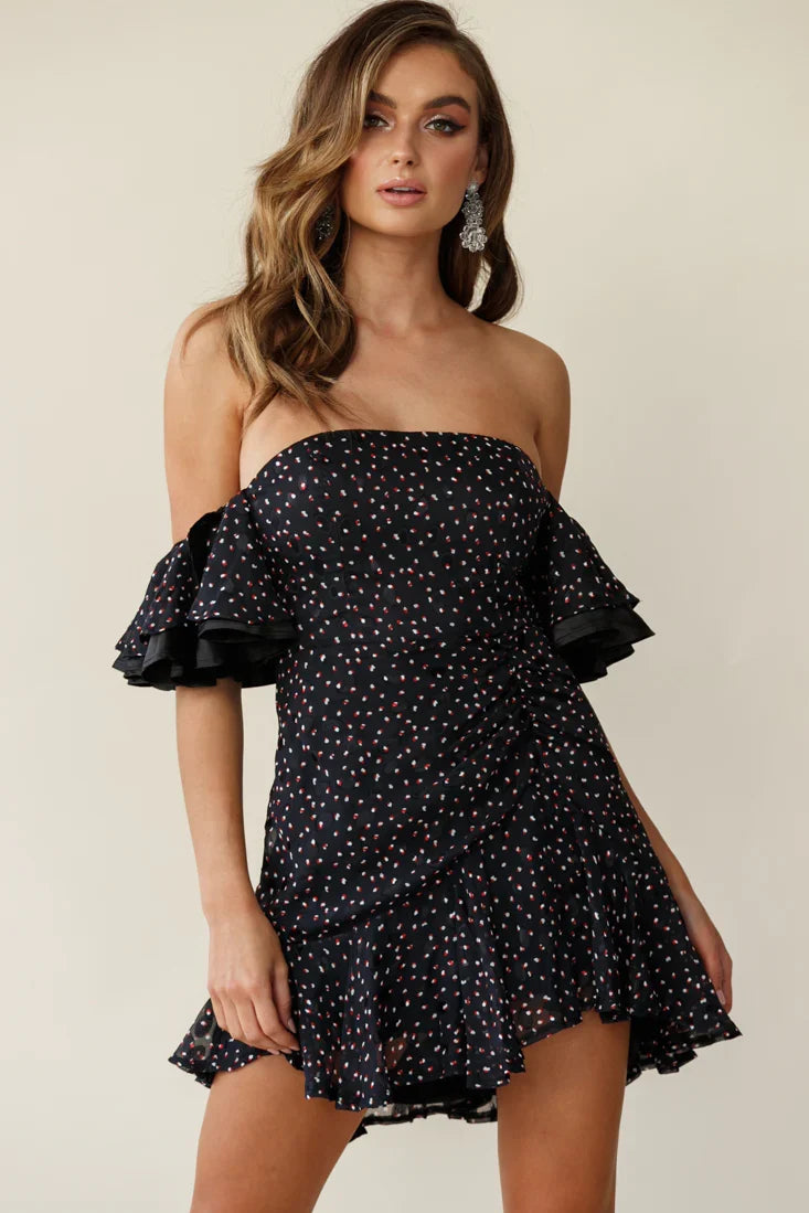 Lure Off-Shoulder Ruched Dress Speckle Print Black