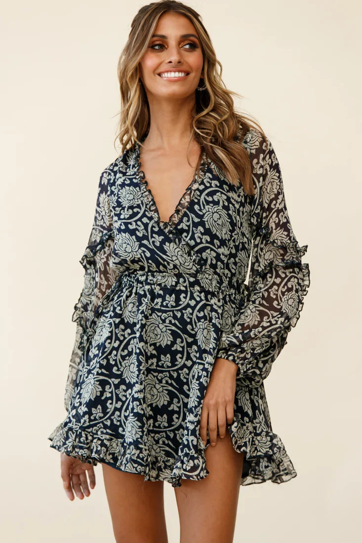 Lima Long Sleeve Drawstring Waist Frill Dress Floral Print Navy