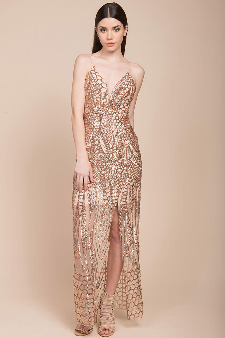 Miya Sequin Gala Dress Rose Gold