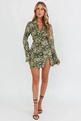 Caledonia Collared Button-Up Satin Shirt Floral Olive