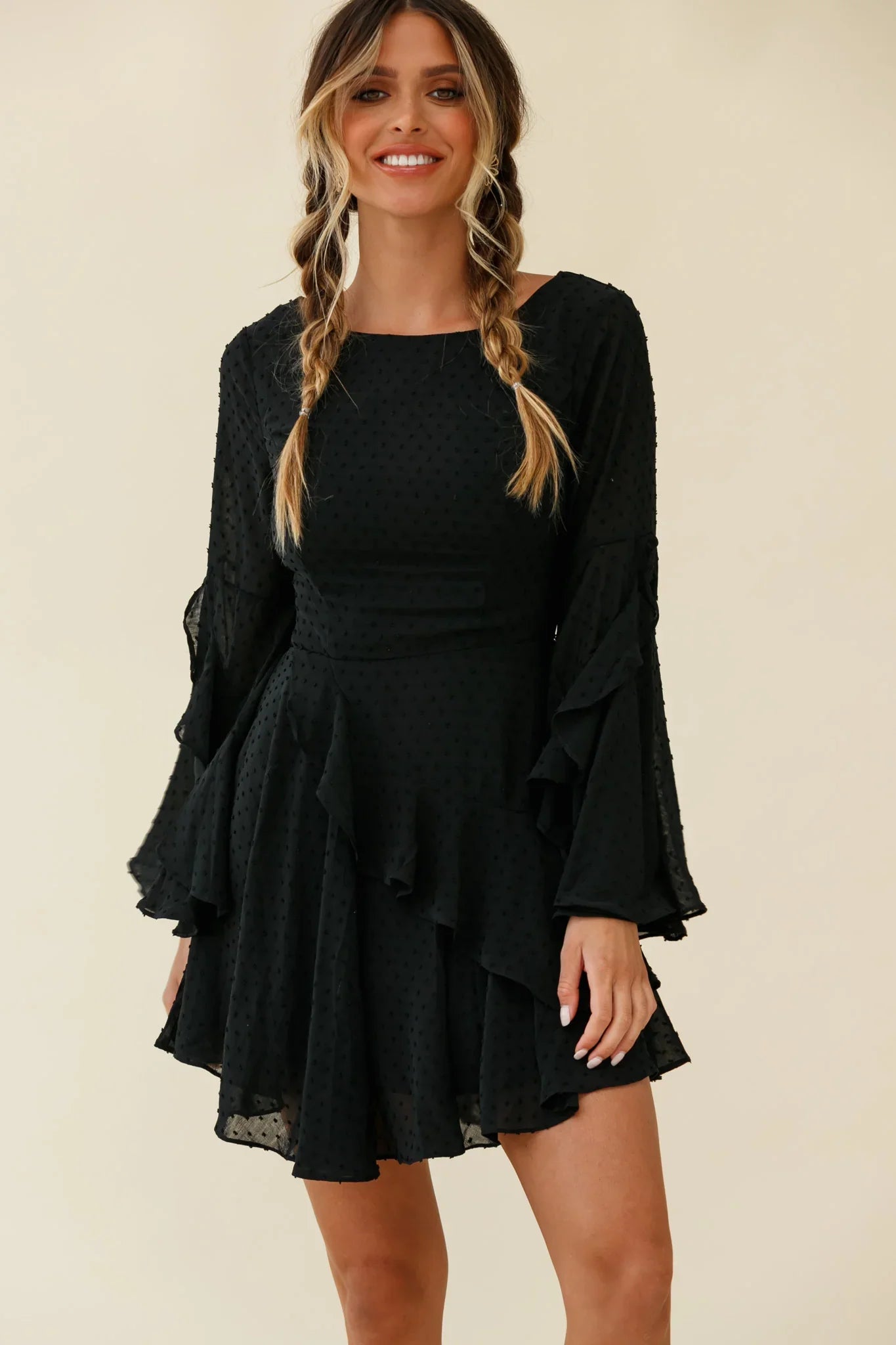 Carlini Flared Sleeve Boat Neckline Dress Black