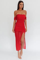 Melonie Off-Shoulder Mesh Maxi Dress Red