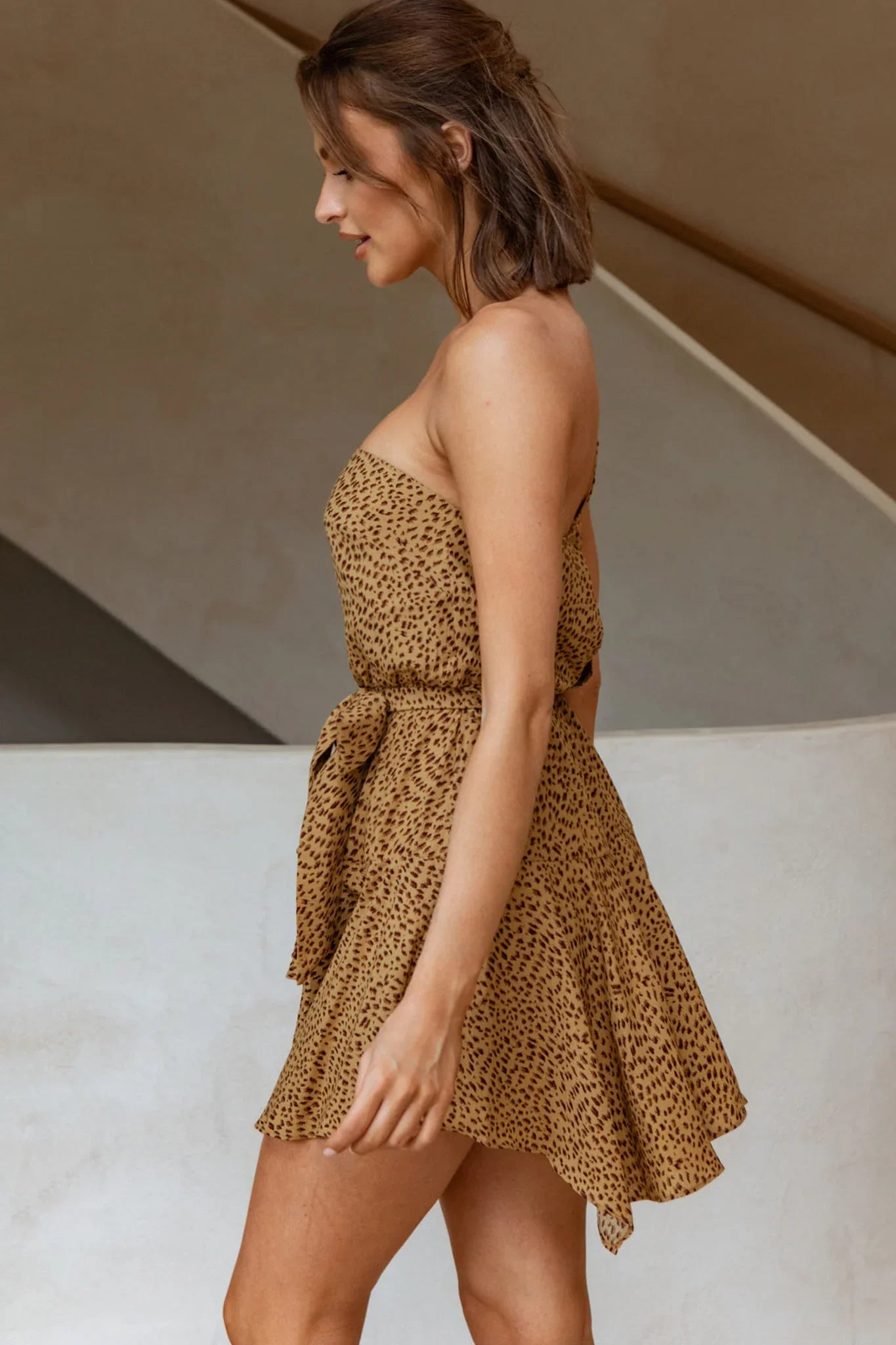 Supernatural Feeling One-Shoulder Waist Tie Dress Animal Print Mustard
