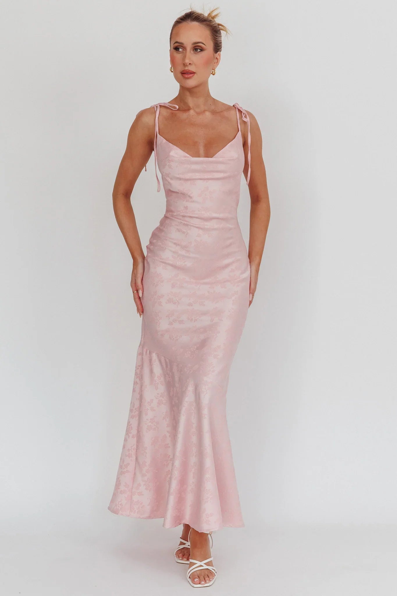Belonging Cowl Neck Tied Shoulders Maxi Dress Blush