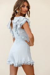Must Be Nice Frill Shoulder Circle Trim Romper Steel Blue