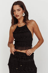 Helios Halterneck Shirred Sequin Top Black