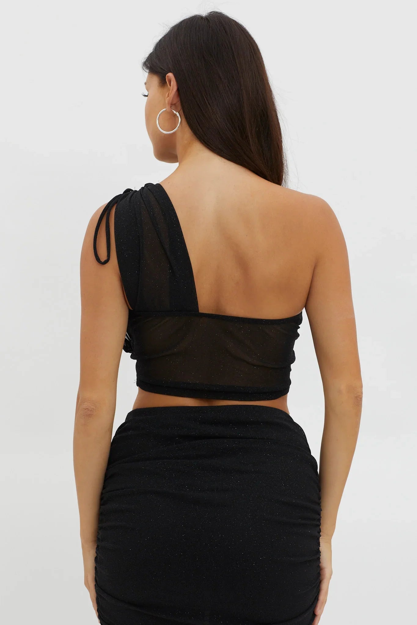 Maddisan One-Shoulder Glitter Mesh Top Black