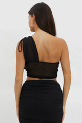 Maddisan One-Shoulder Glitter Mesh Top Black