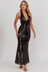 Italia Azure Halterneck Sequin Maxi Dress Black