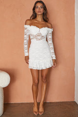 Dove Off-Shoulder Frill Trim Lace Mini Dress White
