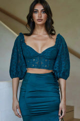 Talk About Me Puff Half Sleeve Circle Trim Crop Top Forest Green