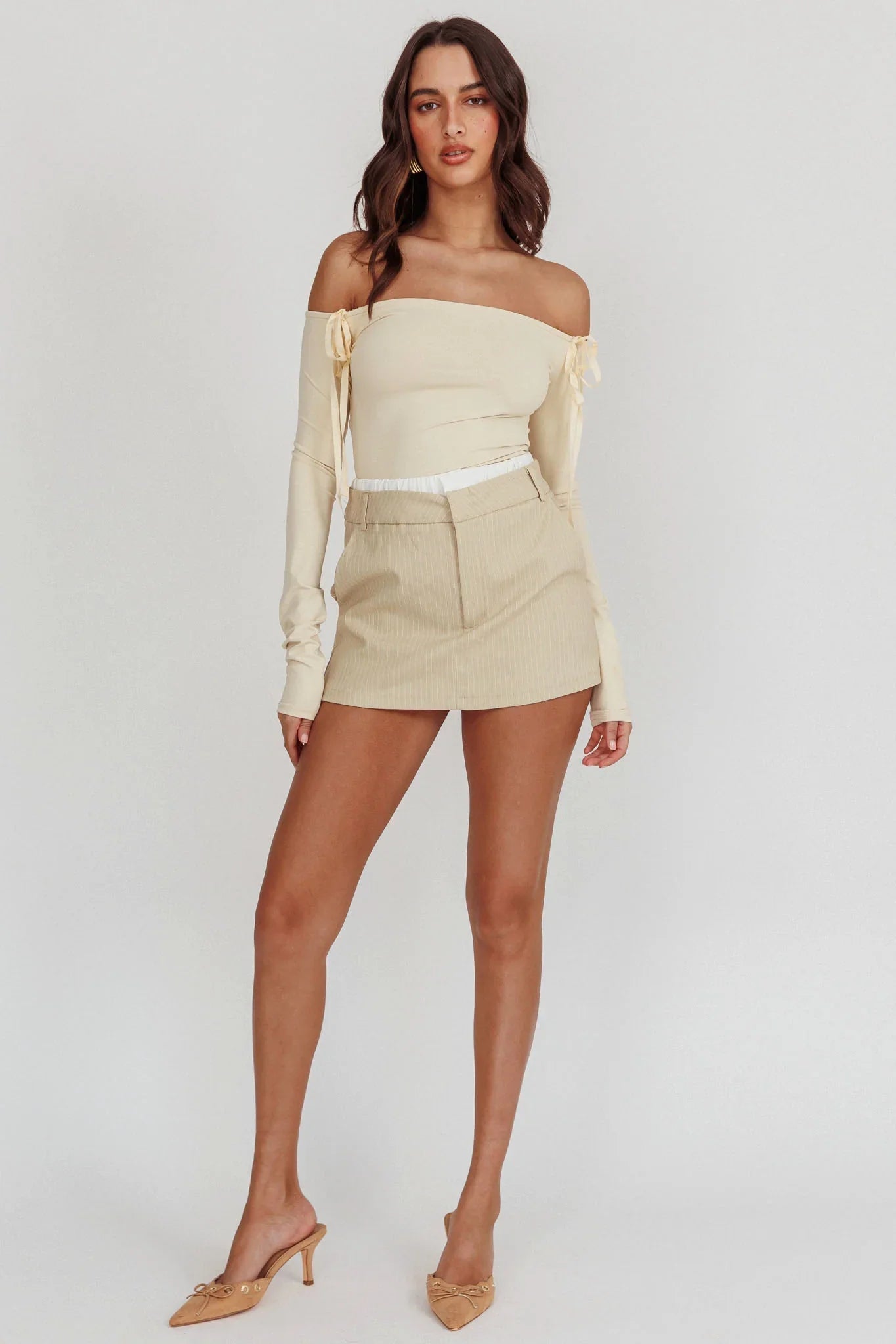 Rhian Pinstripe Double Waistband Skort Beige White