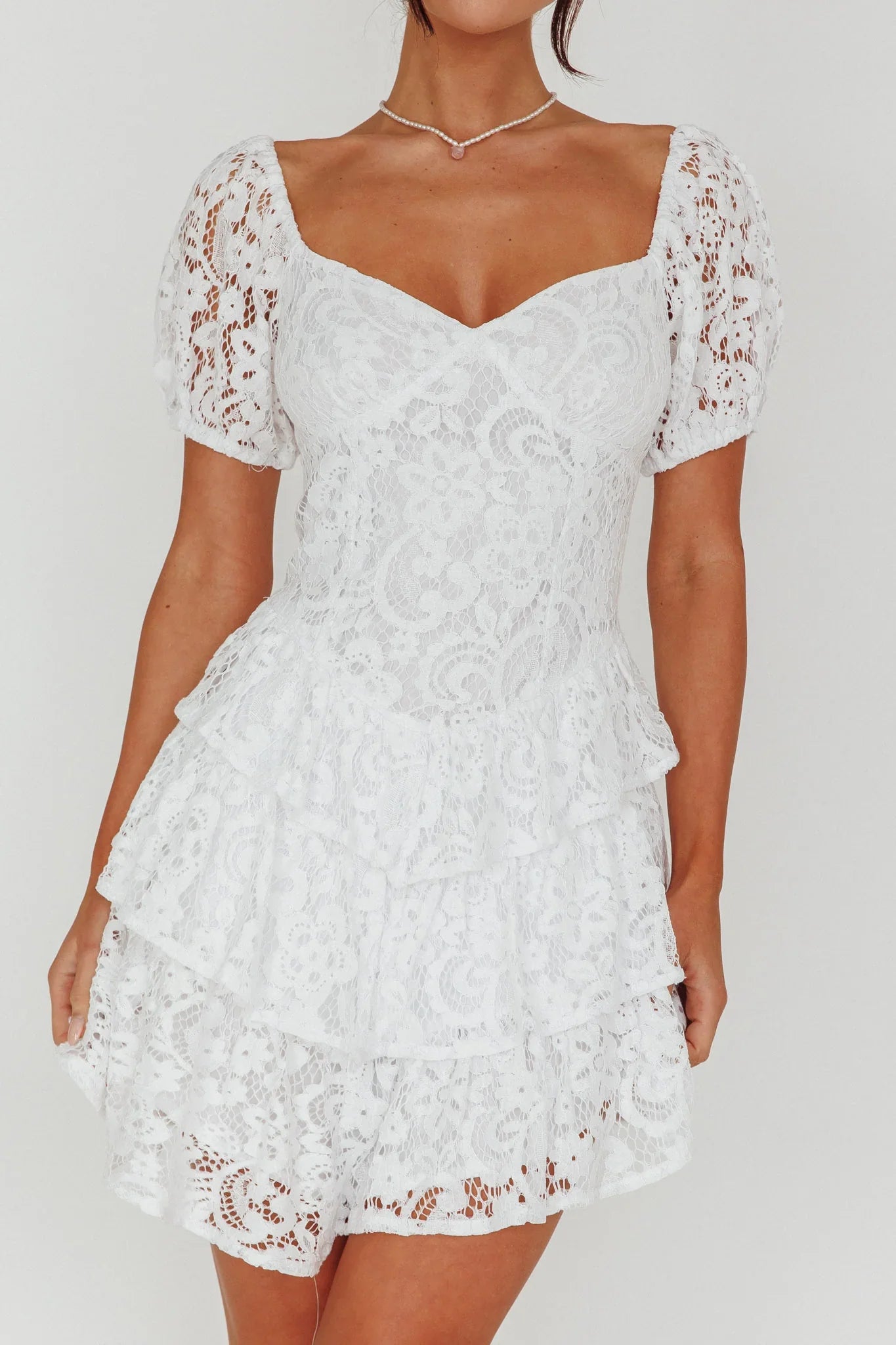 Tayah Tiered Lace Mini Dress Off White