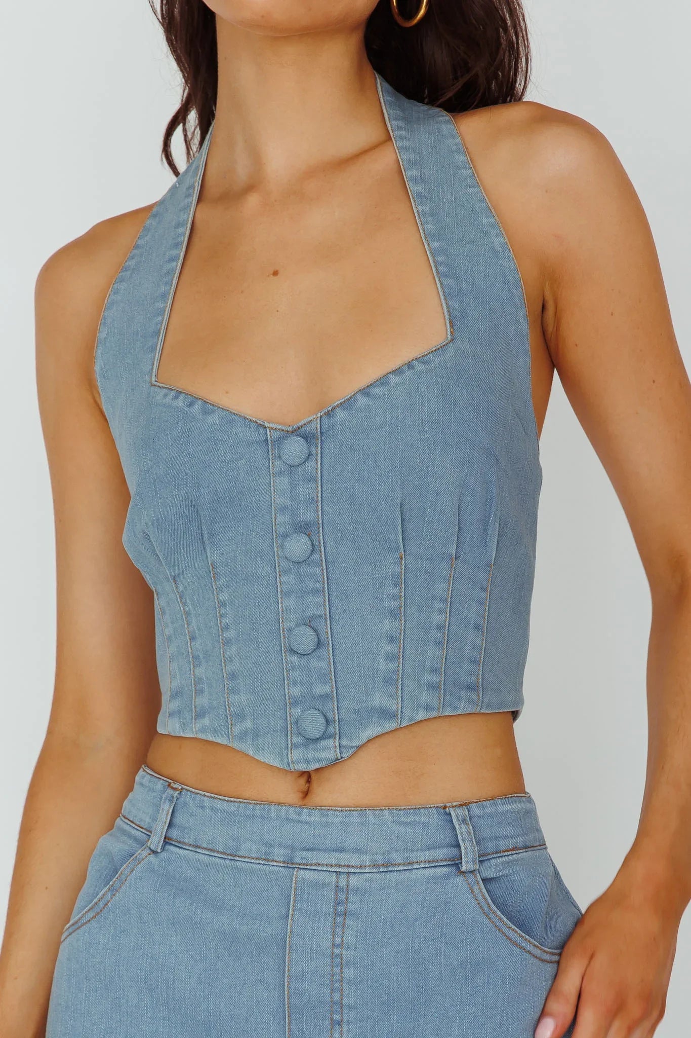 Zurich Halter Crop Top Denim Blue