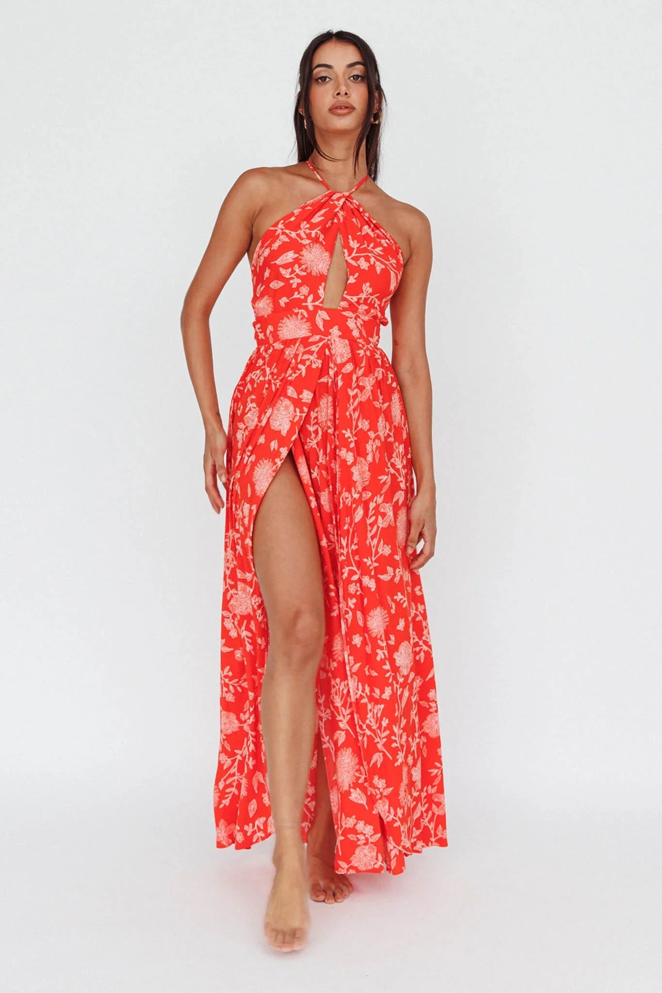 Athena High Split Maxi Dress Floral Print Red