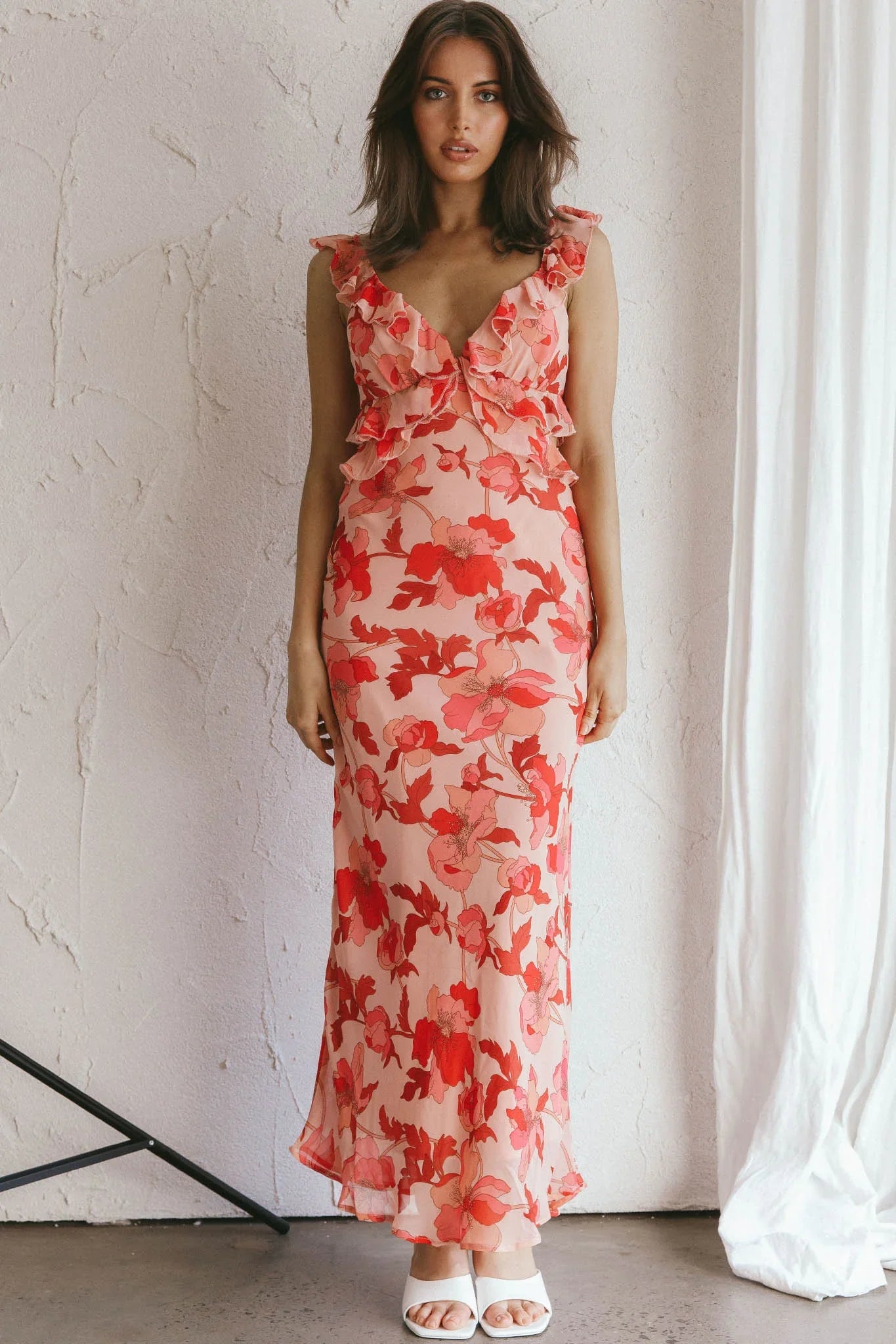 Second Chances Ruffle Trim Midi Dress Floral Pink
