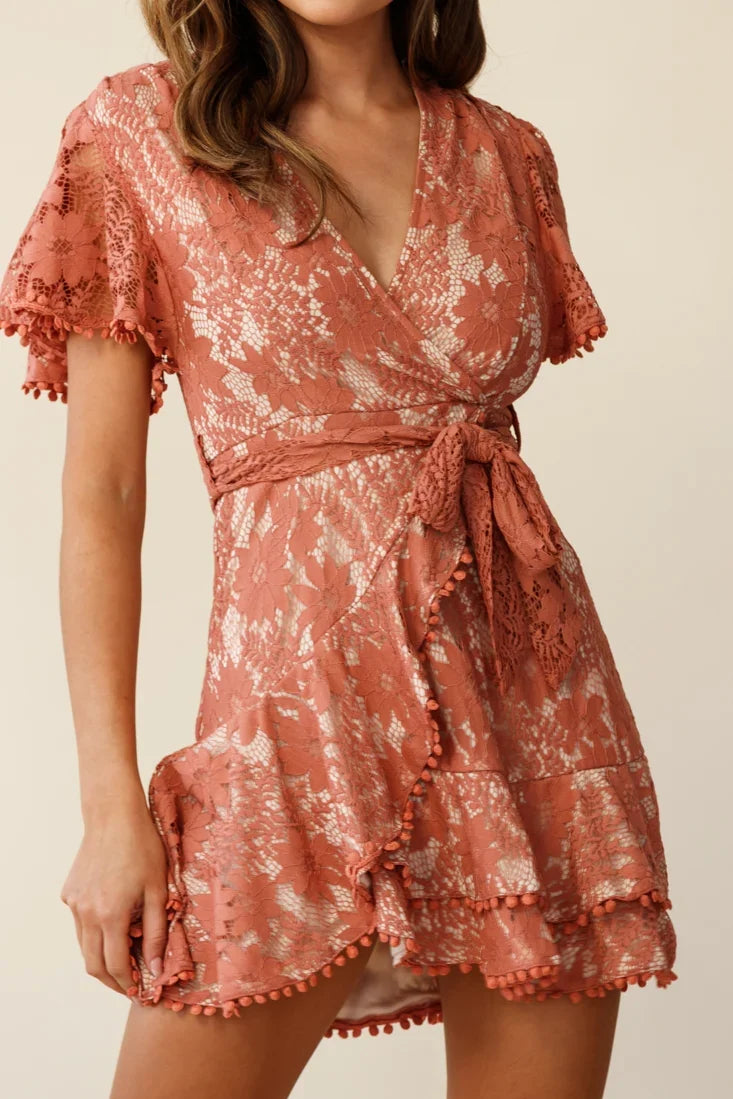 Cami Angel Sleeve Faux Wrap Dress Lace Rose